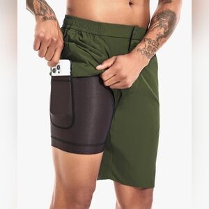 Swim Trunks with Compression Liner 9" Zipper Fly Quick‎ Dry 34 Army Grn